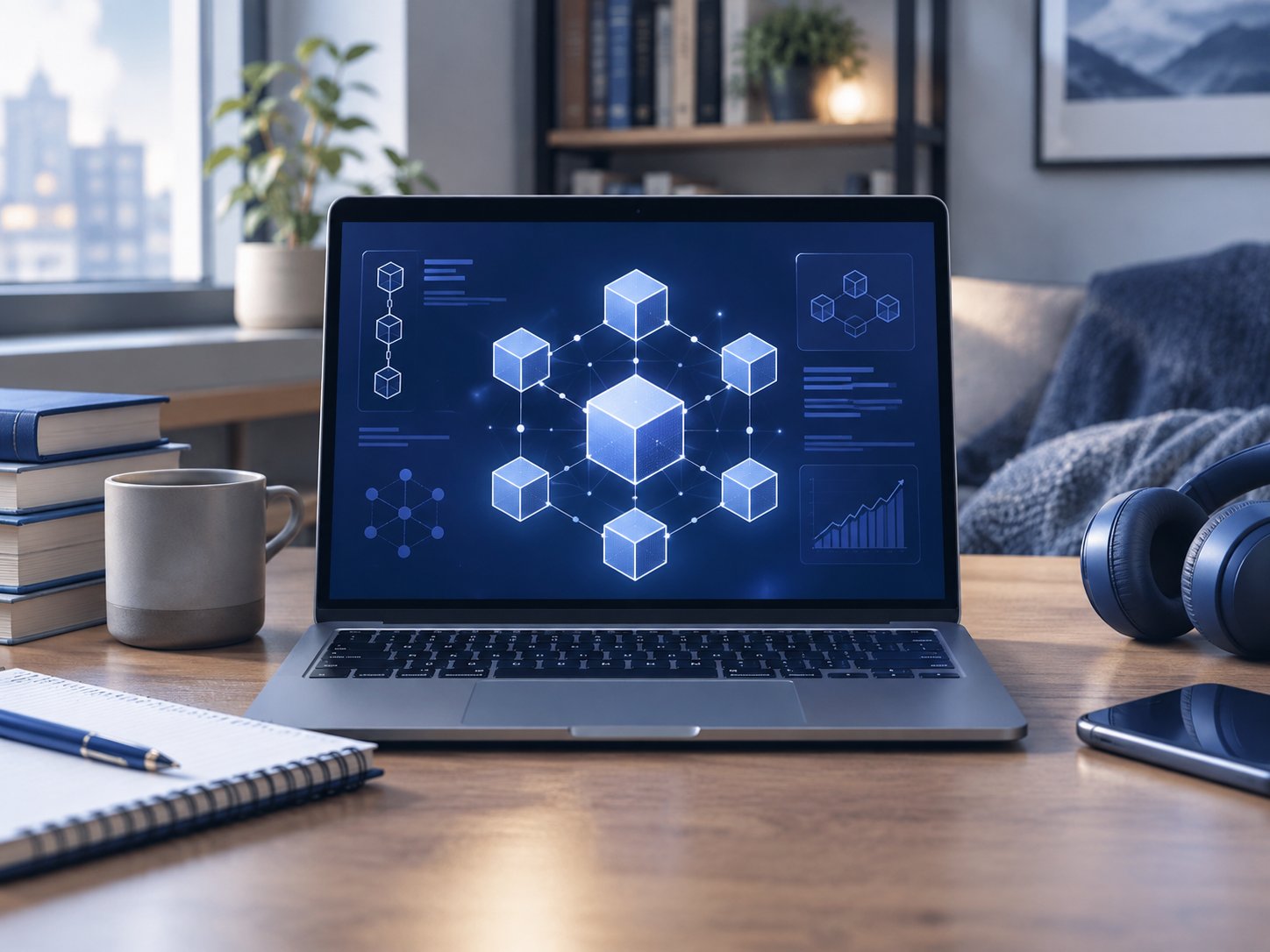 Student laptop showing blockchain diagrams in a cozy study