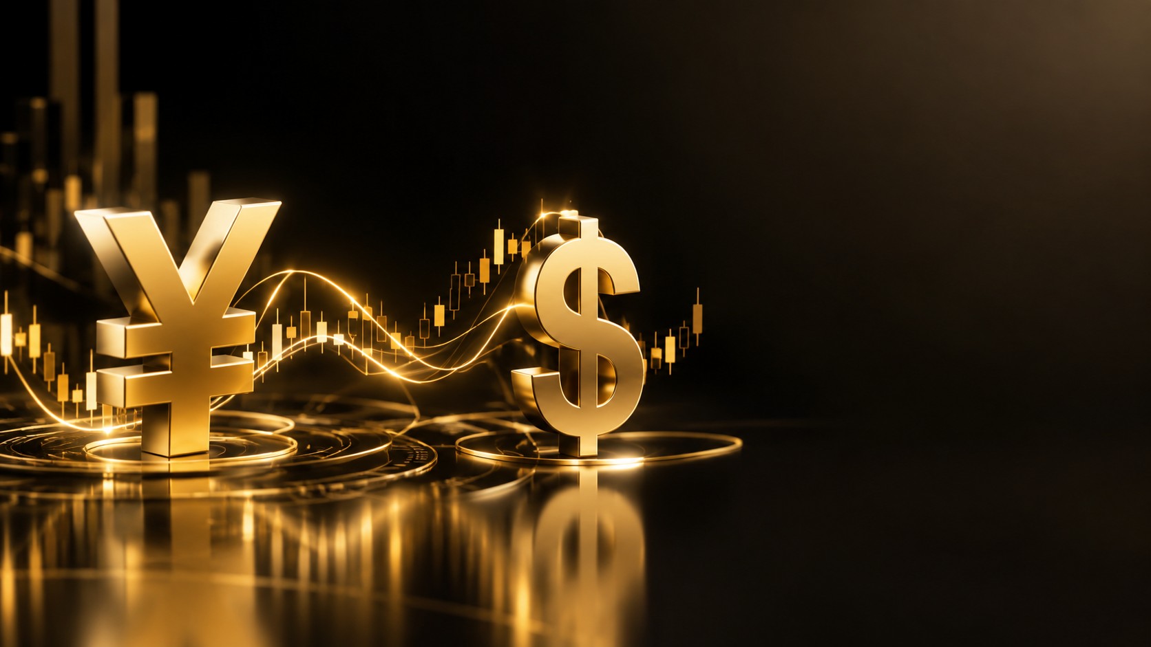 Stylized yen symbol and dollar symbol connected by glowing price lines