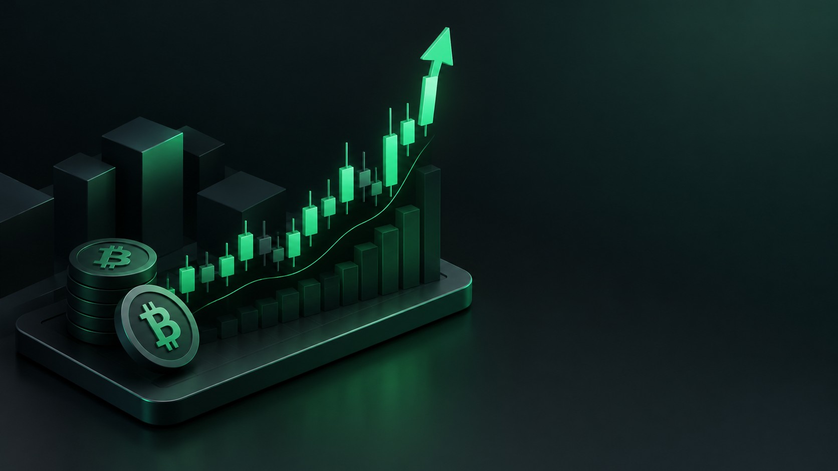 Dramatic crypto price chart with sharp green candles breaking upward