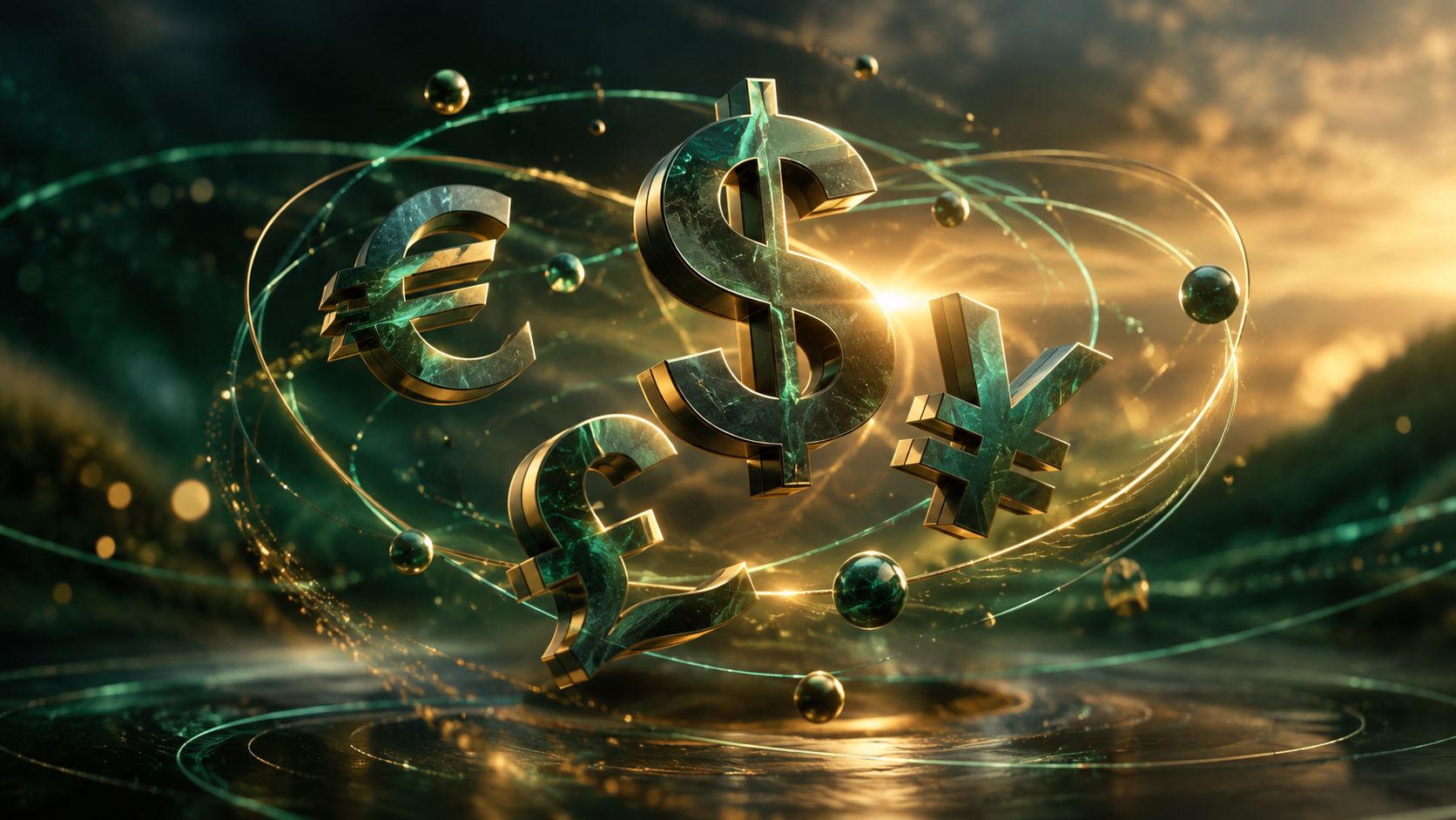 Floating 3d currency symbols of the dollar euro pound and yen orbiting each other