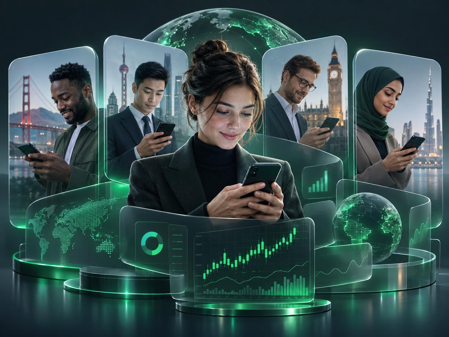 Diverse professionals in different world cities checking a trading app